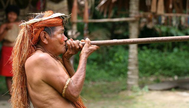 Člověk z kmene Yagua hrající na foukačku