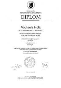 Bakalářský diplom ze sociologie Michaeli Duškové