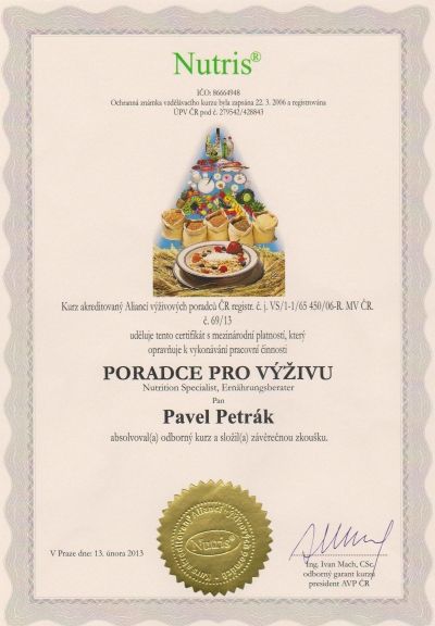 Certifikát poradce pro výživu Pavel Petrák