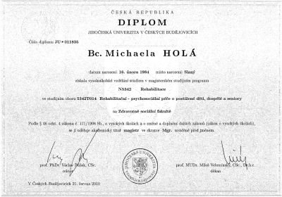 Magisterský diplom z rehabilitace Michaeli Duškové